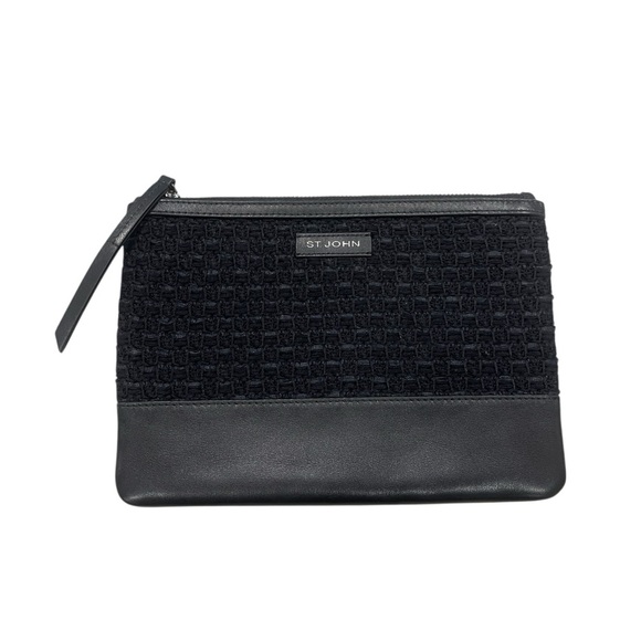 St. John Black Knit Woven Wool Leather zip Pouch Clutch